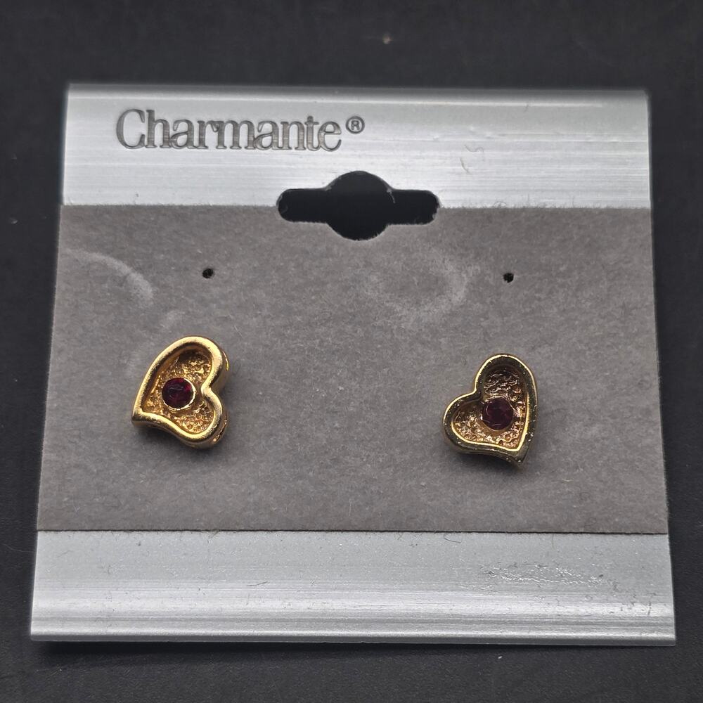 Gold Tone Heart Stud Earrings Red Rhinestone January Birthstone NOS